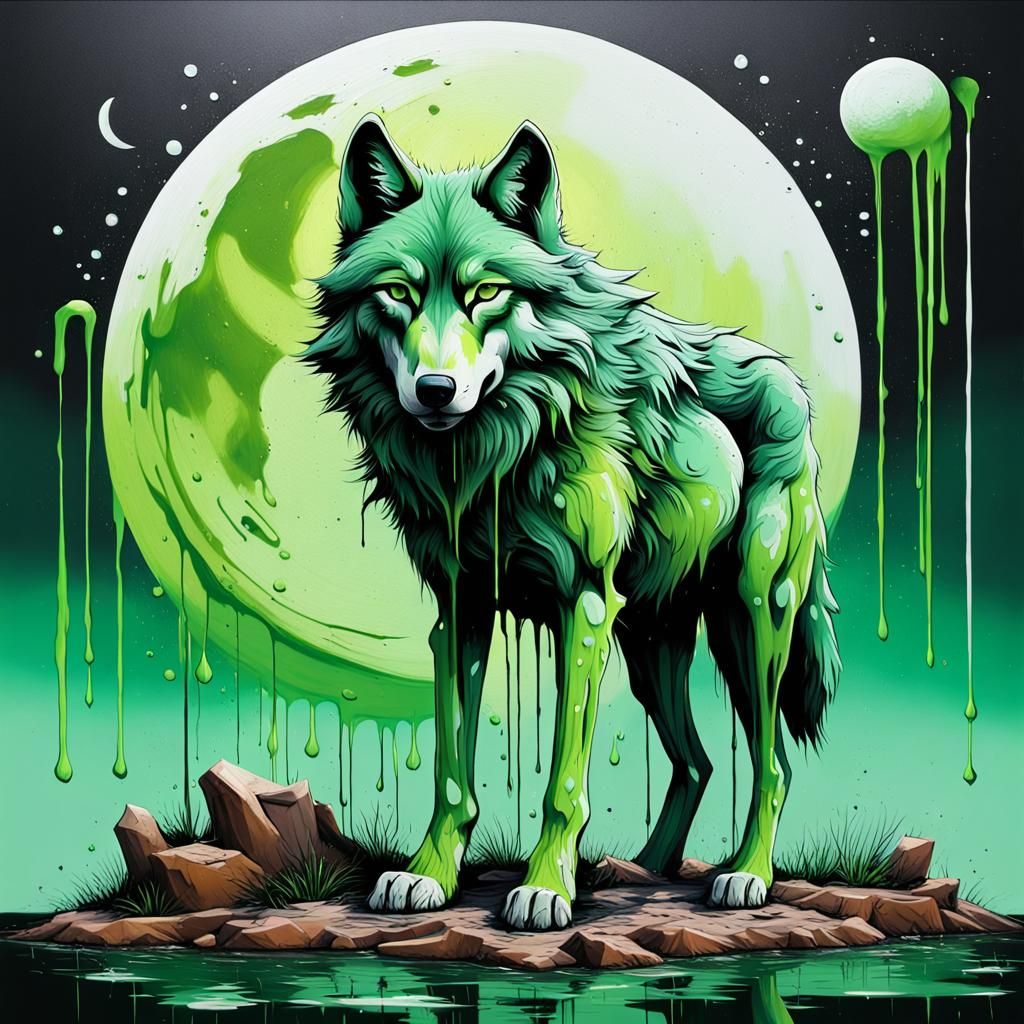 Green Wolf on Drippy Moon Land in Space