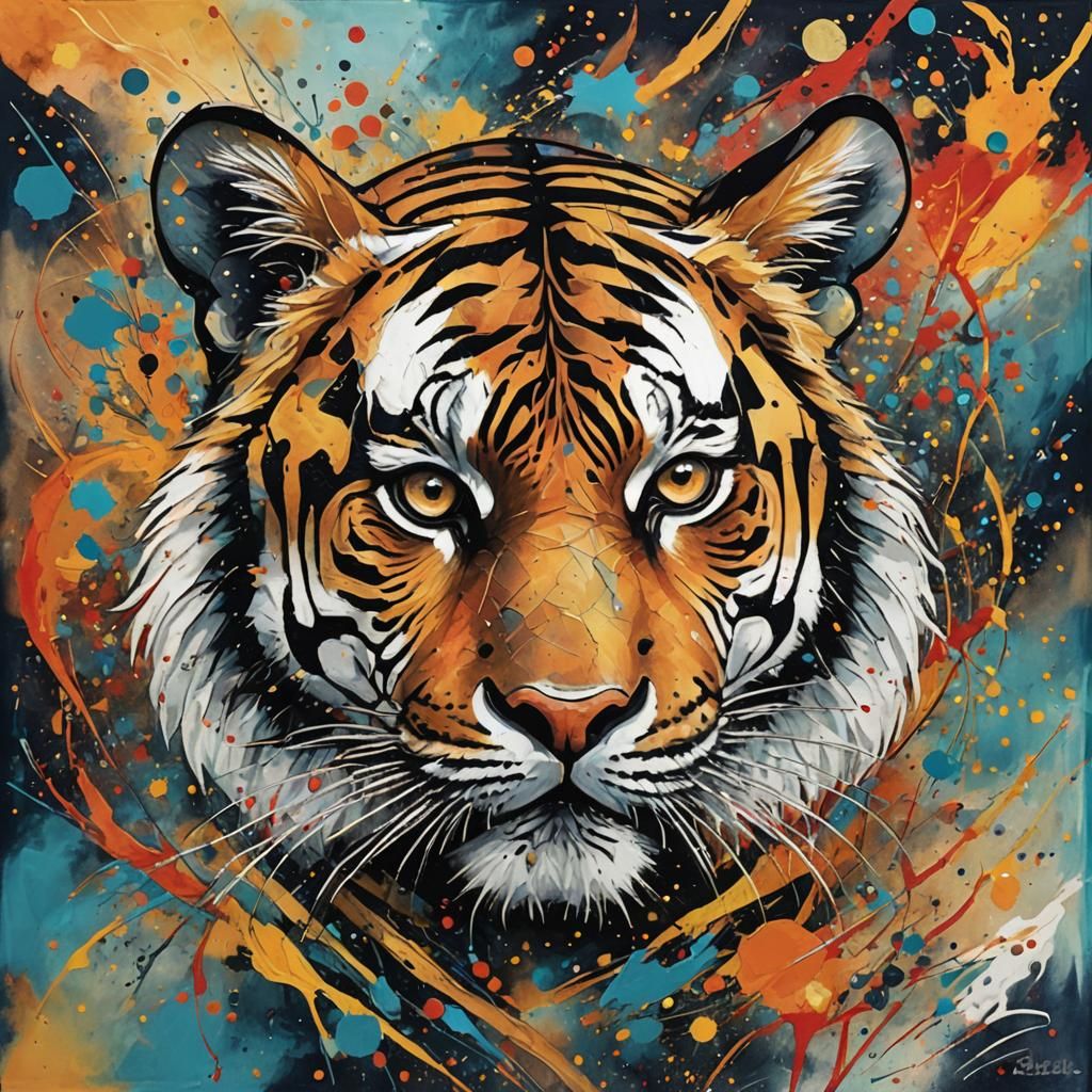 Abstract Star-Bound Tiger Portrait in Complementary Colors