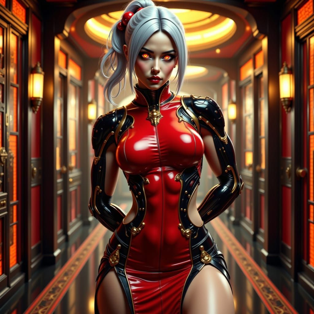 Elegant Cyberpunk Cyborg Woman in Qipao Dress