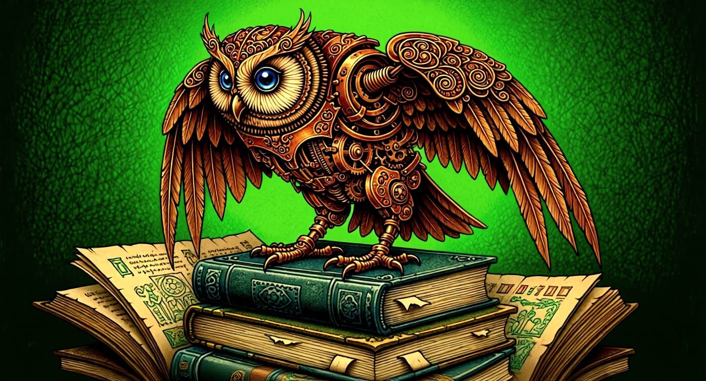 Mechanical Owl on Ancient Manuscripts in Gothic Style