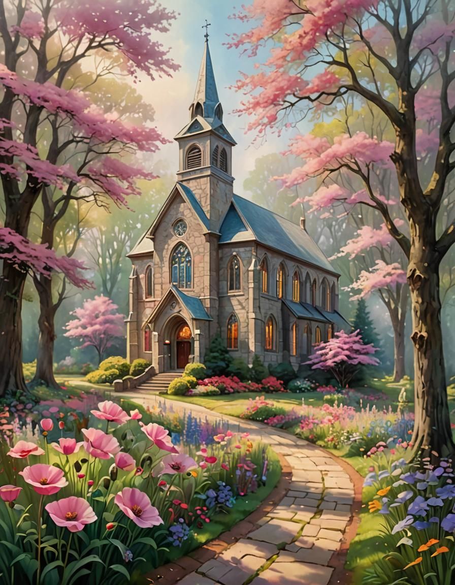 Country Church with Flowers in Impressionist Style