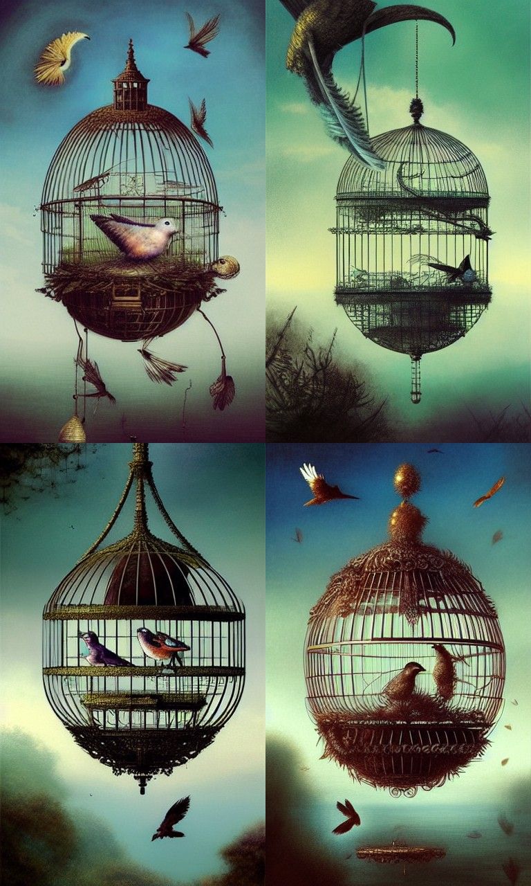 Bird in Floating Egg Cage: Surreal Illustration