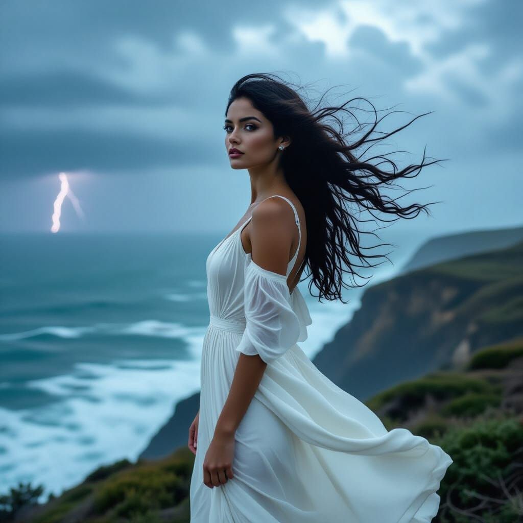 Woman on Cliff Overlooking Stormy Sea, Cinematic Film Still