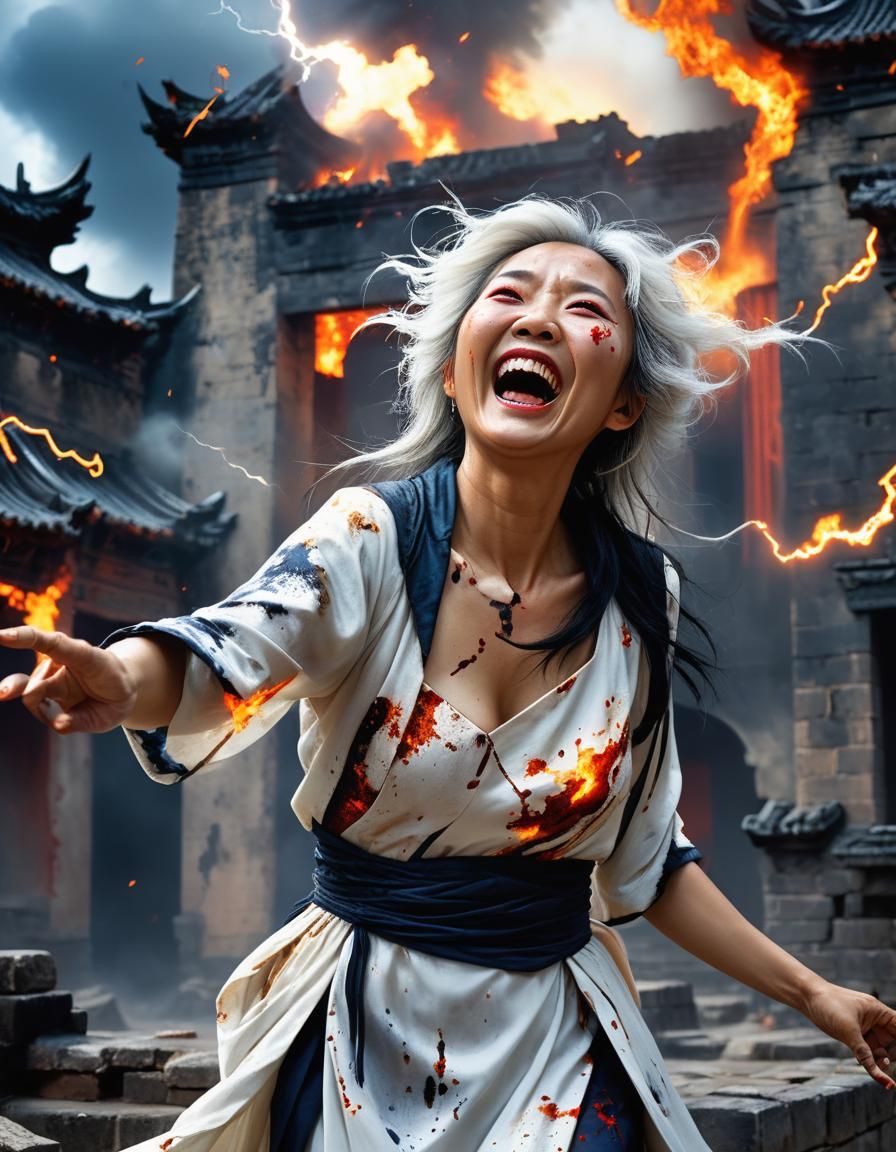 Laughing Sorceress Summons Lightning in Burning Castle
