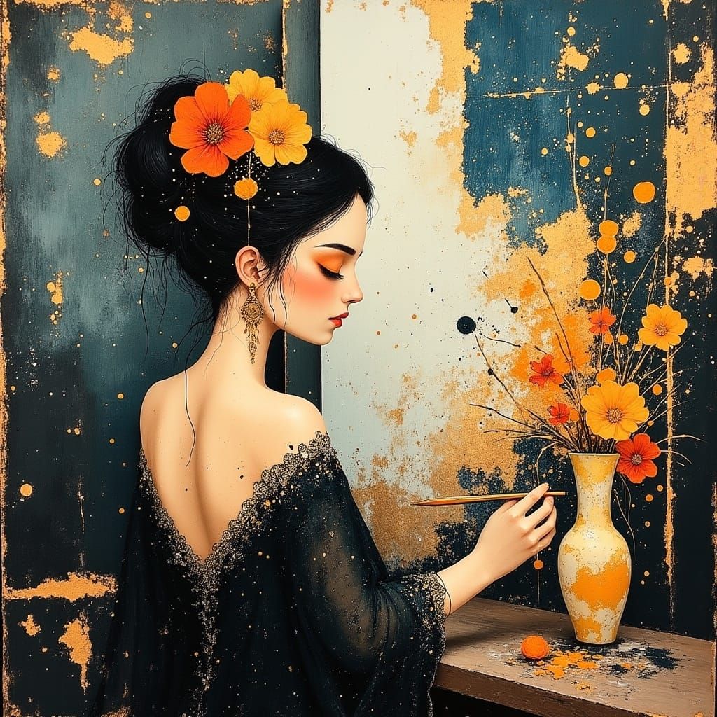 <lora:divineOil:1.0> Beautiful woman paints a picture, Frida...