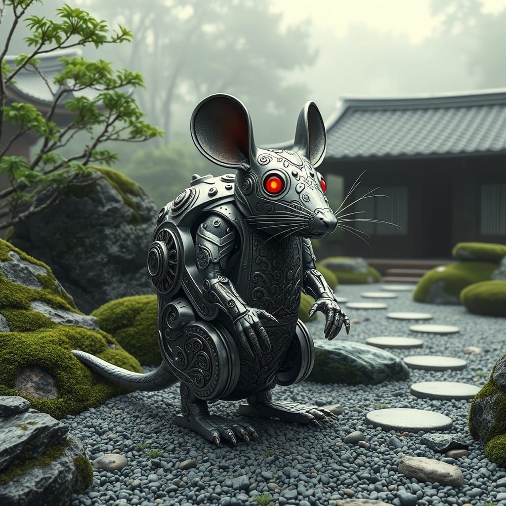 Ornate Stainless Steel Rat Robot in Traditional Japanese Gar...