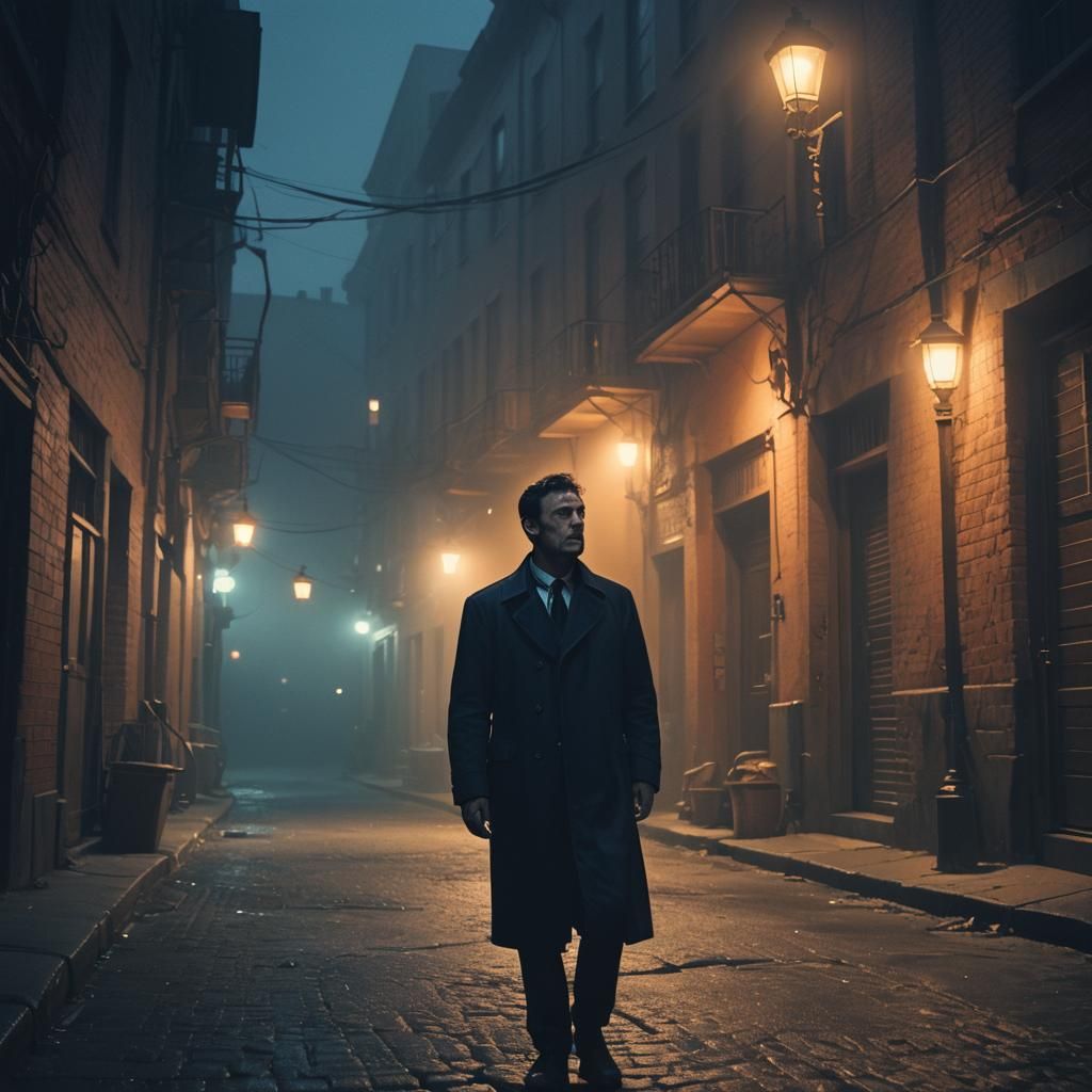 Dramatic Film Still of Hero in Misty Alleyway