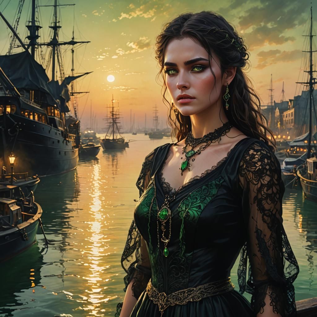 Brunette Woman in Harbor: Fantasy Art Nouveau Painting