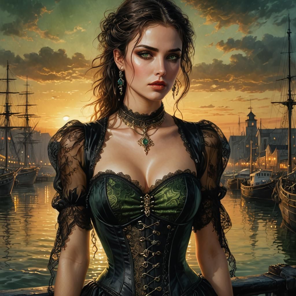 Brunette in Black Corset: Fantasy Realism
