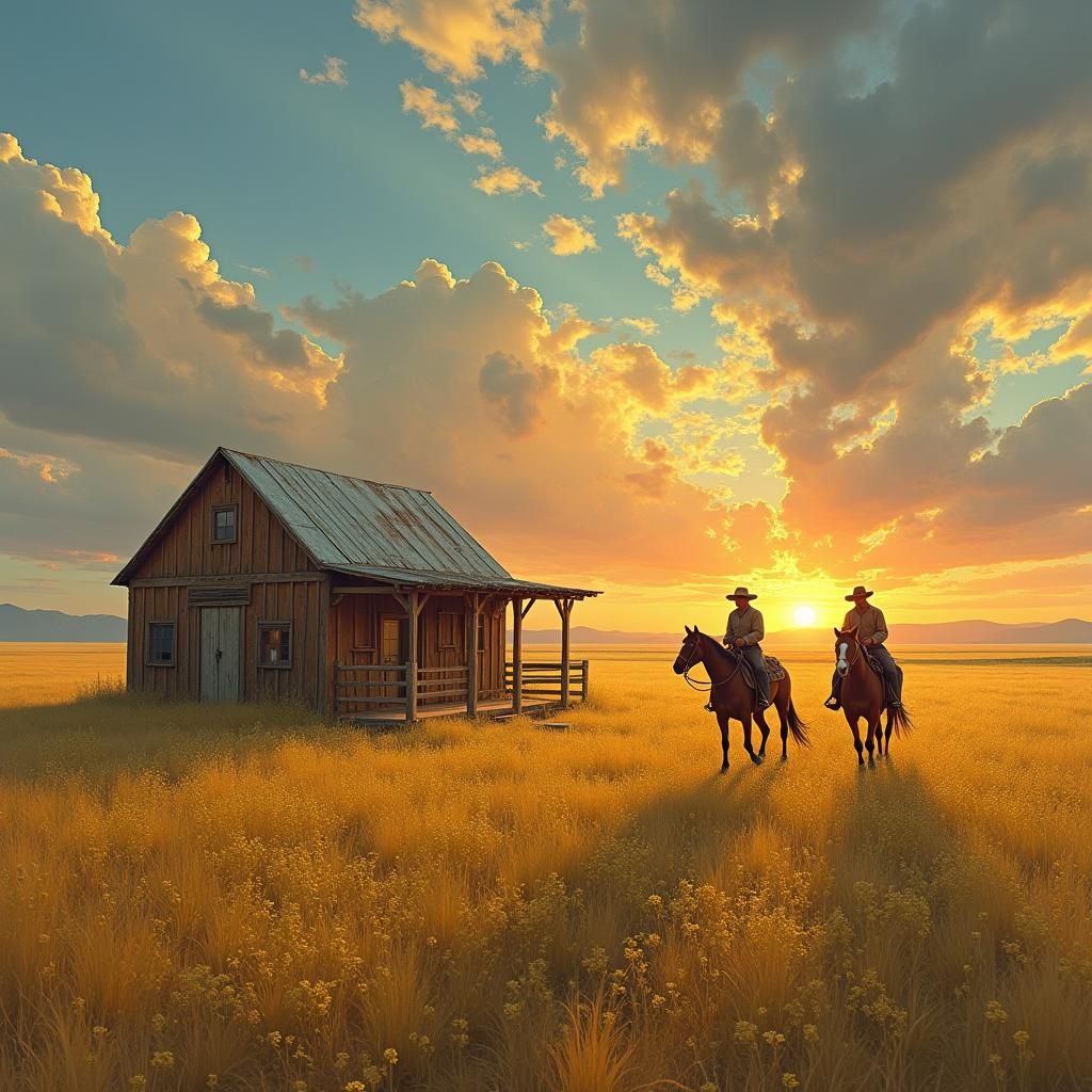 Cowboys Ride into the Sunset: Golden Meadow Landscape