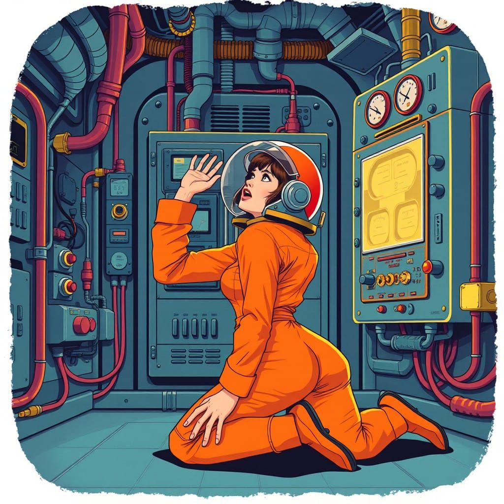 Retro-Futuristic Space Station Scene with Daring Adventurer