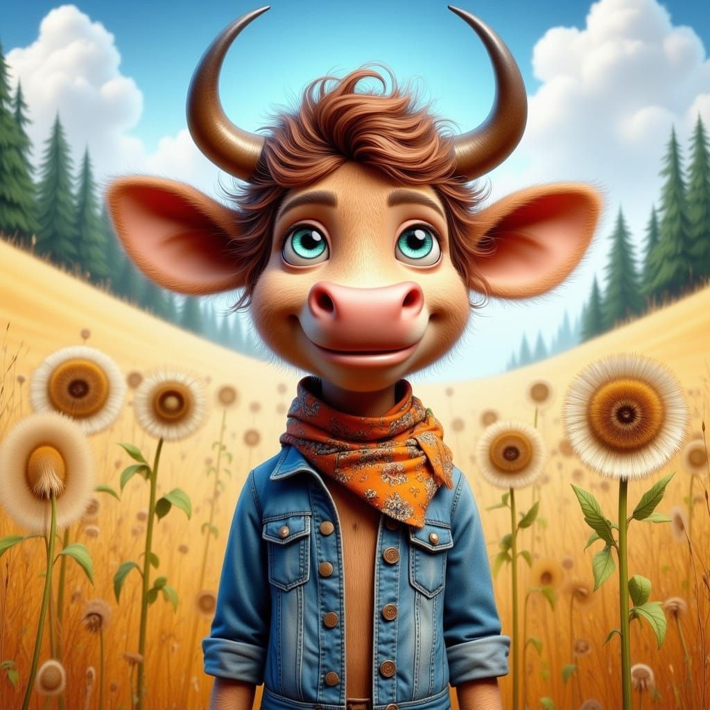 Cow in Blue Jean Jacket Cartoon