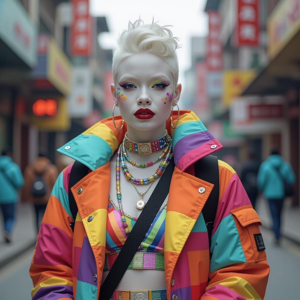 Congolese Albino Girl in Cyberpunk Rainbow Clothing