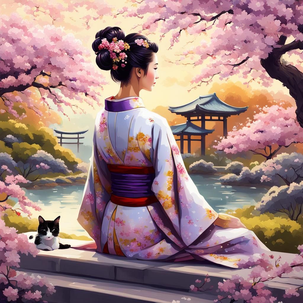 Woman in Kimono with Cherry Blossoms, Fairycore Style