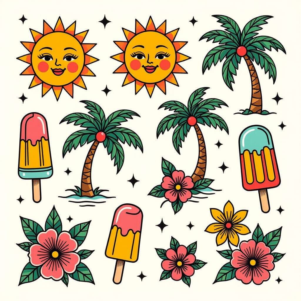 Vintage Summer Icons Flash Tattoo Sheet