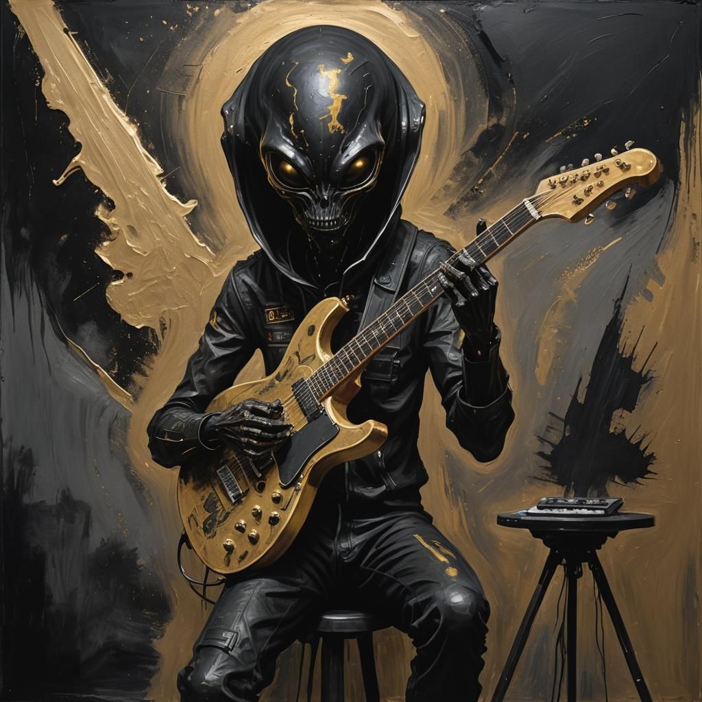 Alien Guitarist in Matte Black Grunge Style