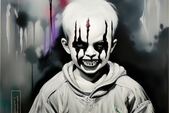 Terrifying Demon Boy Portrait in Black and White