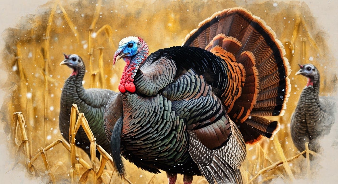 Wild Turkey Courtship Display in Watercolor