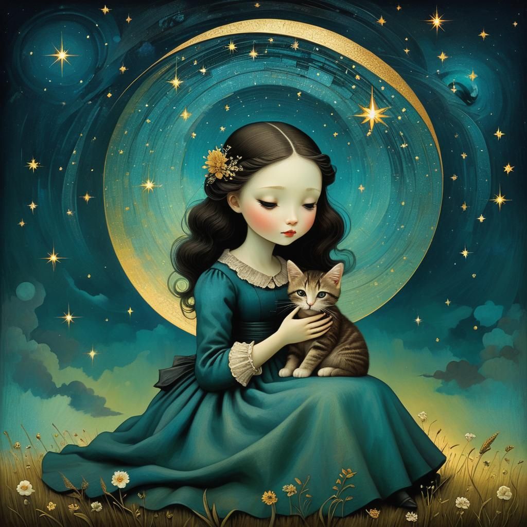 Girl and Kitten Stargazing: Surrealist Illustration