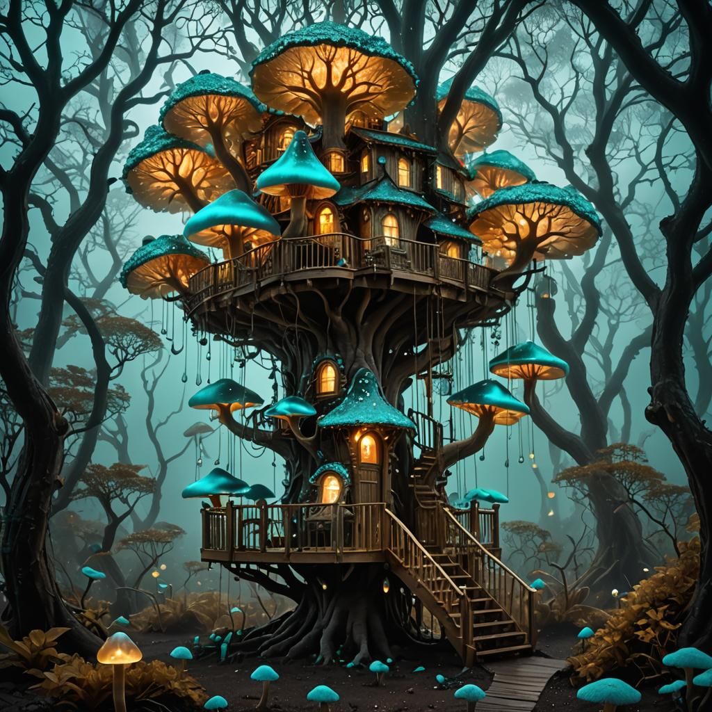 Bioluminescent Mushroom Treehouse in Luminist Style