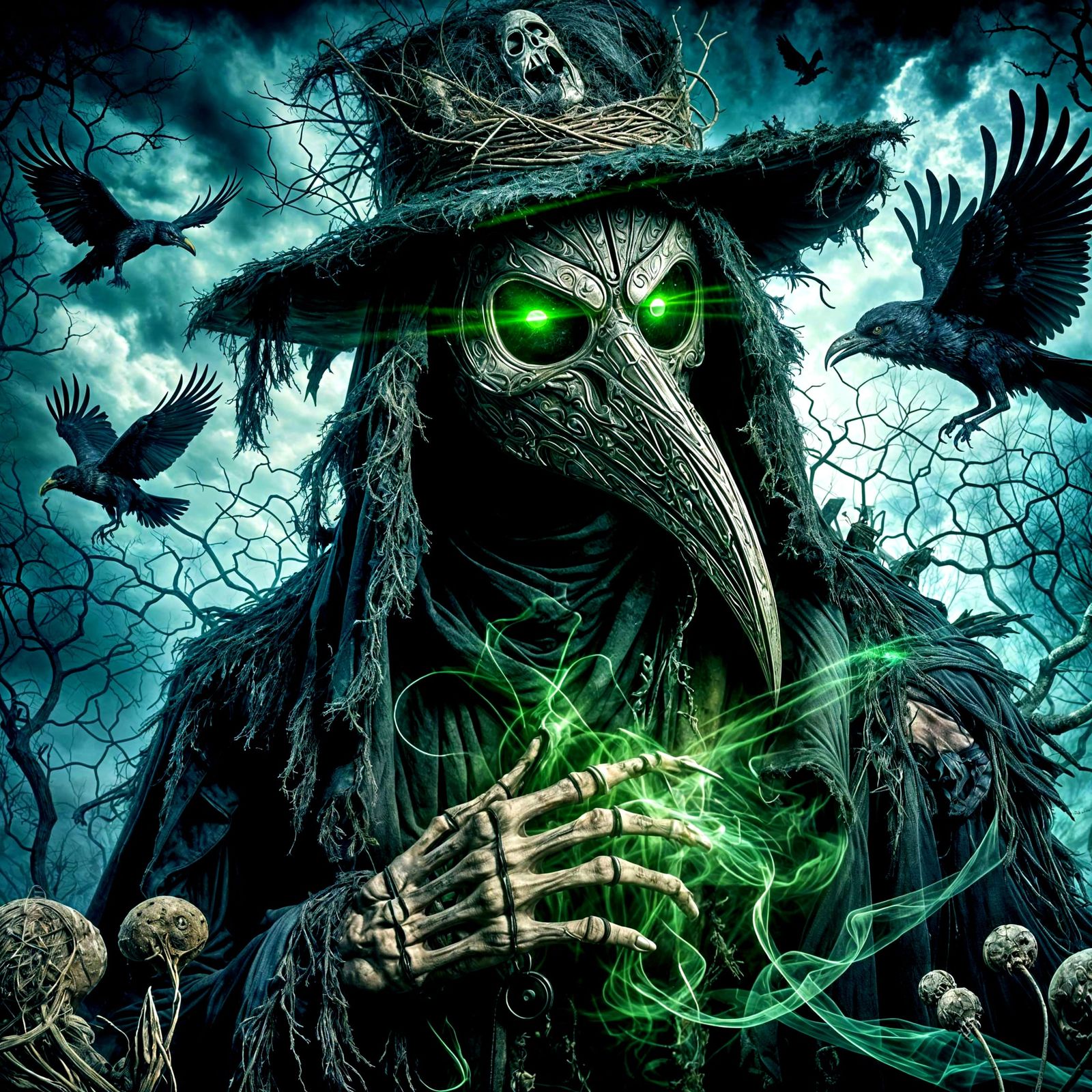 Menacing Plague Doctor Supervillain in Gloomy Setting