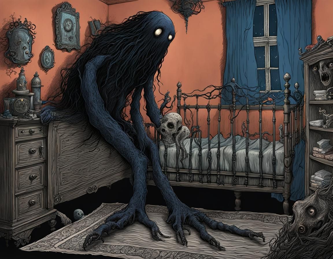 Eerie Sludge Monster Under Bed, Gorey-Style Drawing