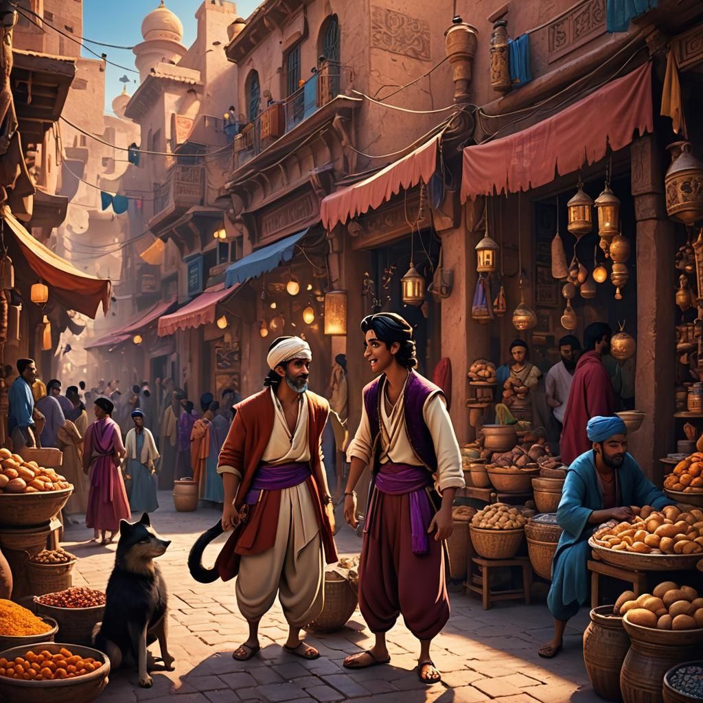 Aladdin and Abu in Bustling Marketplace: Pixar Style