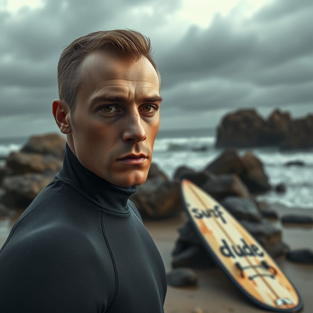 Contemplative Surfer with Golden Eyes in 3D