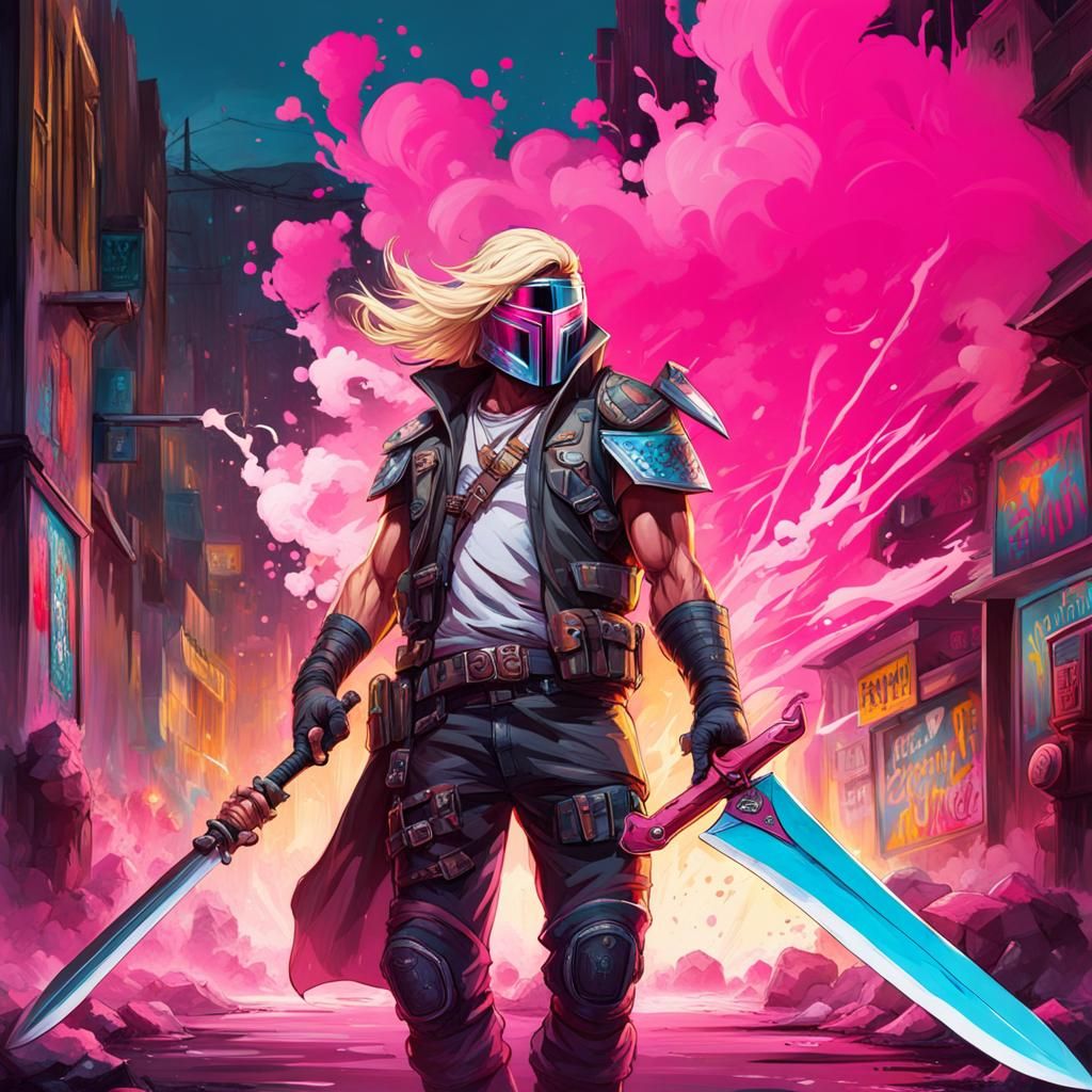 Bounty Hunter Smoking with Sword in Graffiti Art
