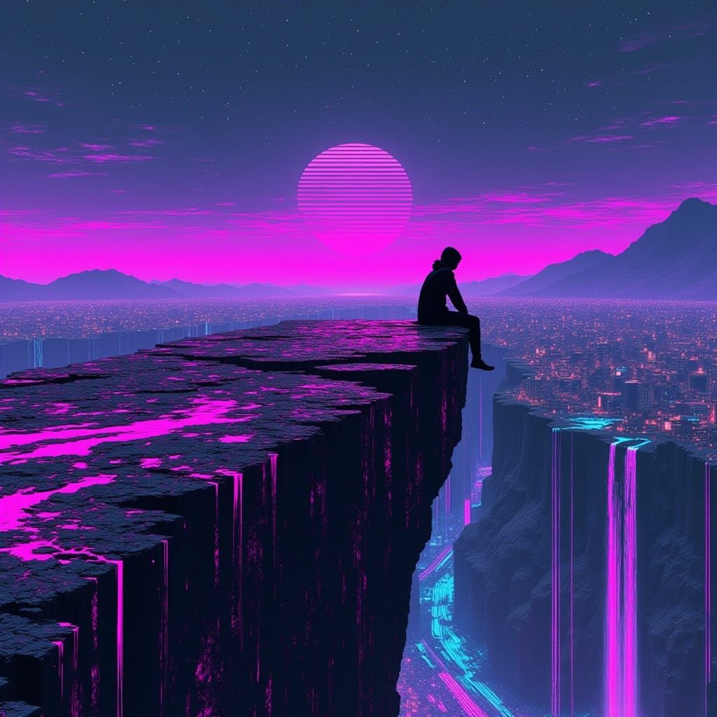 Surreal Glitch Art Depicting a Ninja in Melancholy