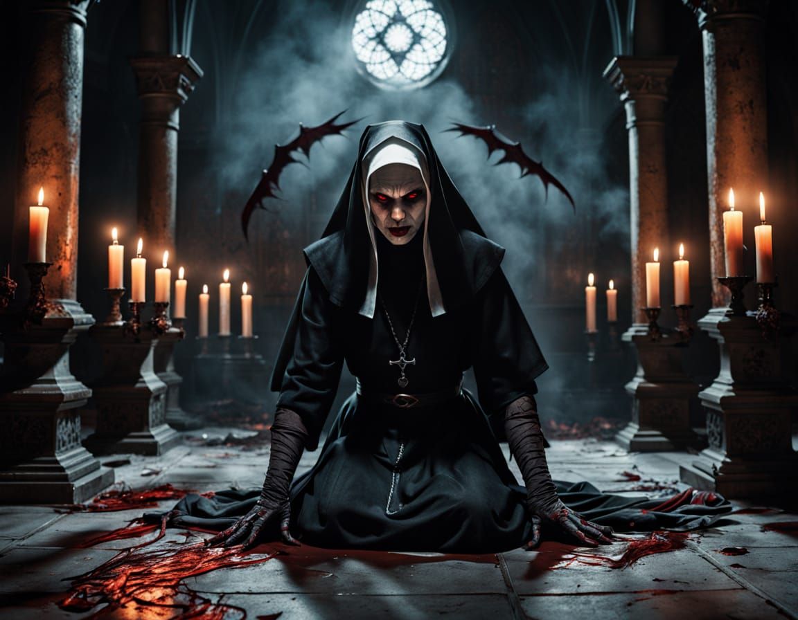 Nun Battles Demon in Gothic Horror Style