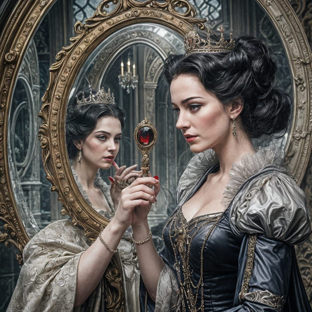 Evil Queen Gazing at Snow White Reflection