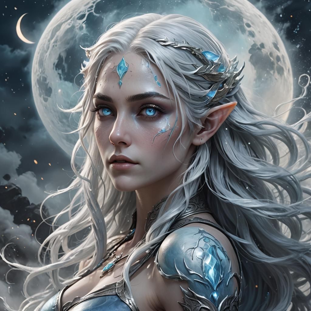 Ethereal Moon Elf Portrait in Splash Art Style