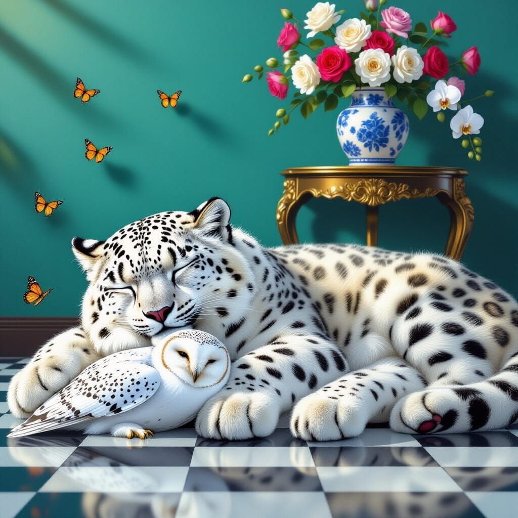 Regal Snowy Owl Naps Beside Giant Snow Leopard
