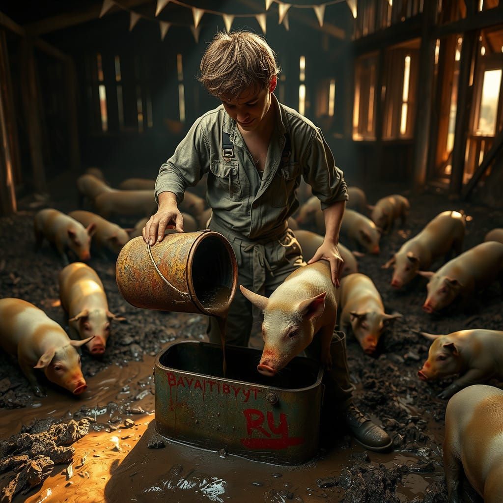 Rural Farmhand in Muddy Pigpen