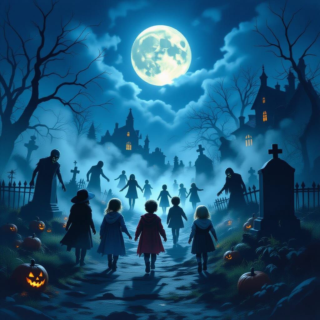 Halloween Costumed Kids Flee Foggy Graveyard Zombies Under F...