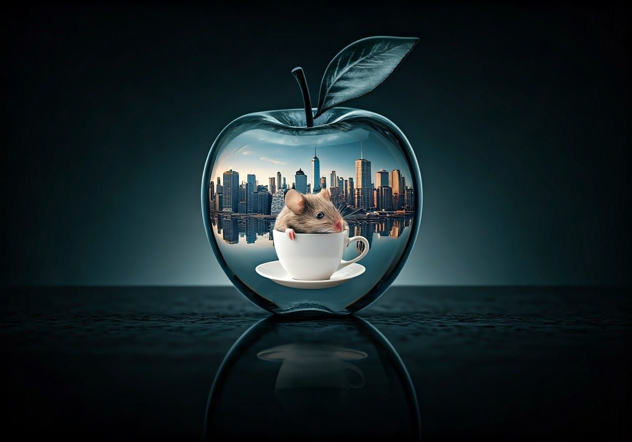Whimsical Surrealist Scene with Apple and Mouse