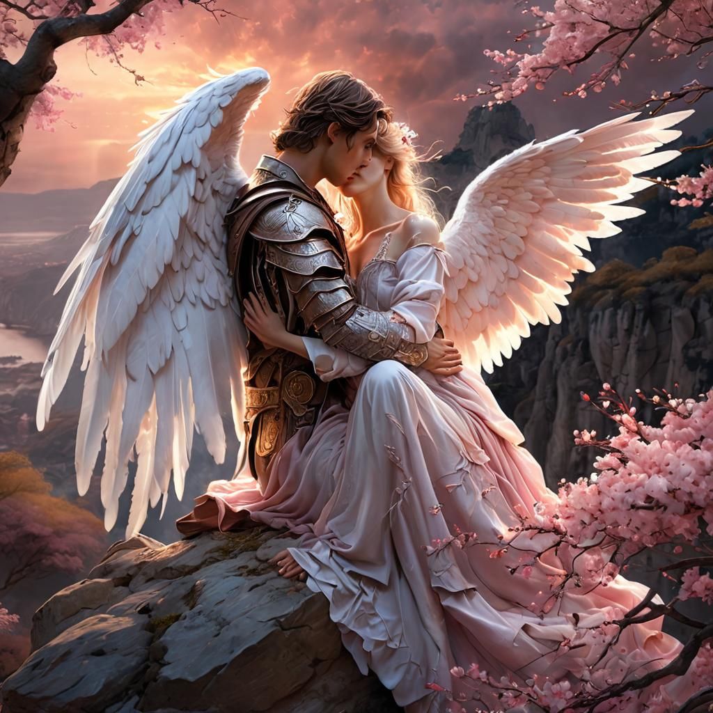 Angelic Embrace at Sunset: Fantasy Art in Oil
