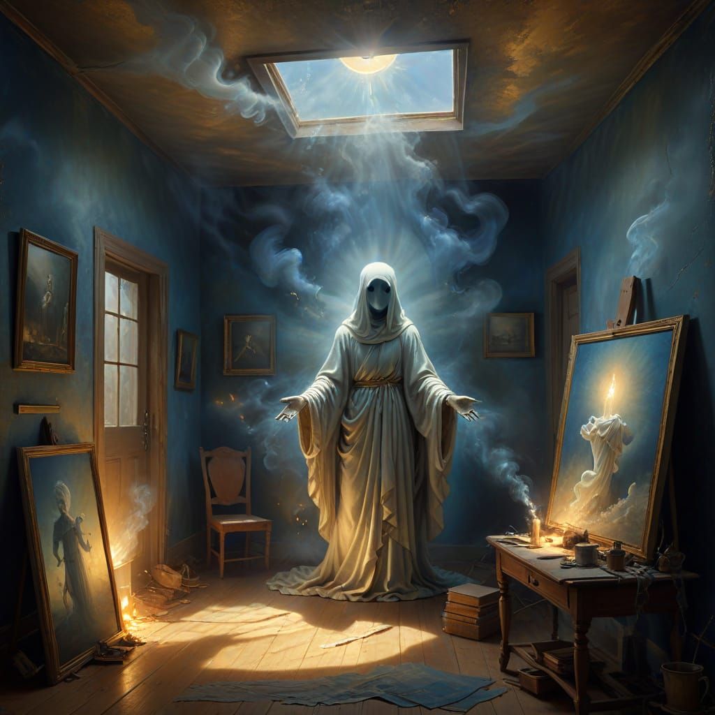 Ghostly Figure in Sunlit Painter's Studio