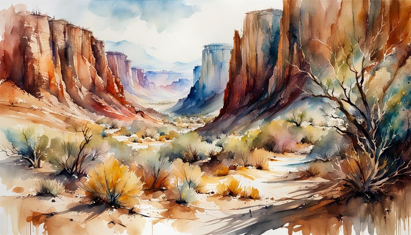 Watercolor Desert Canyon Landscape Painting
