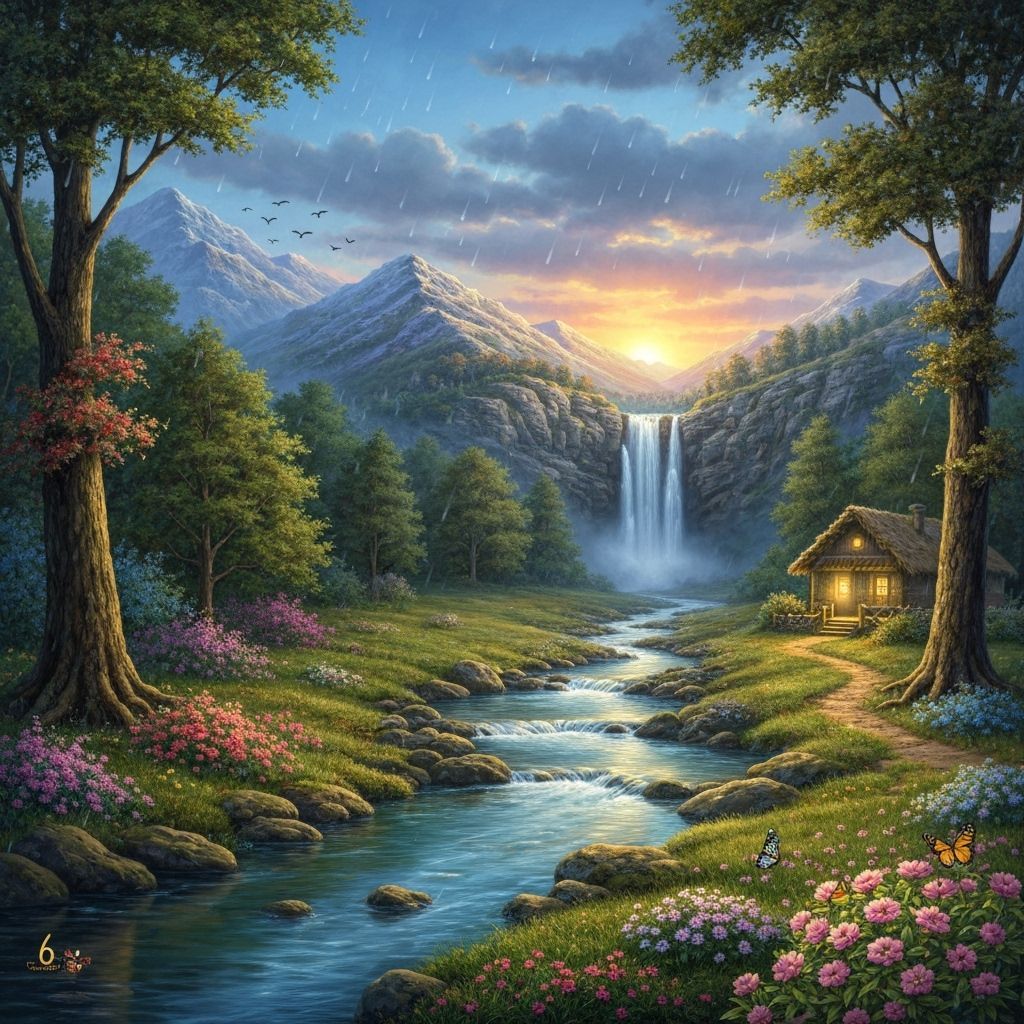 Serene Mountain Landscape with Waterfall and Sunrise