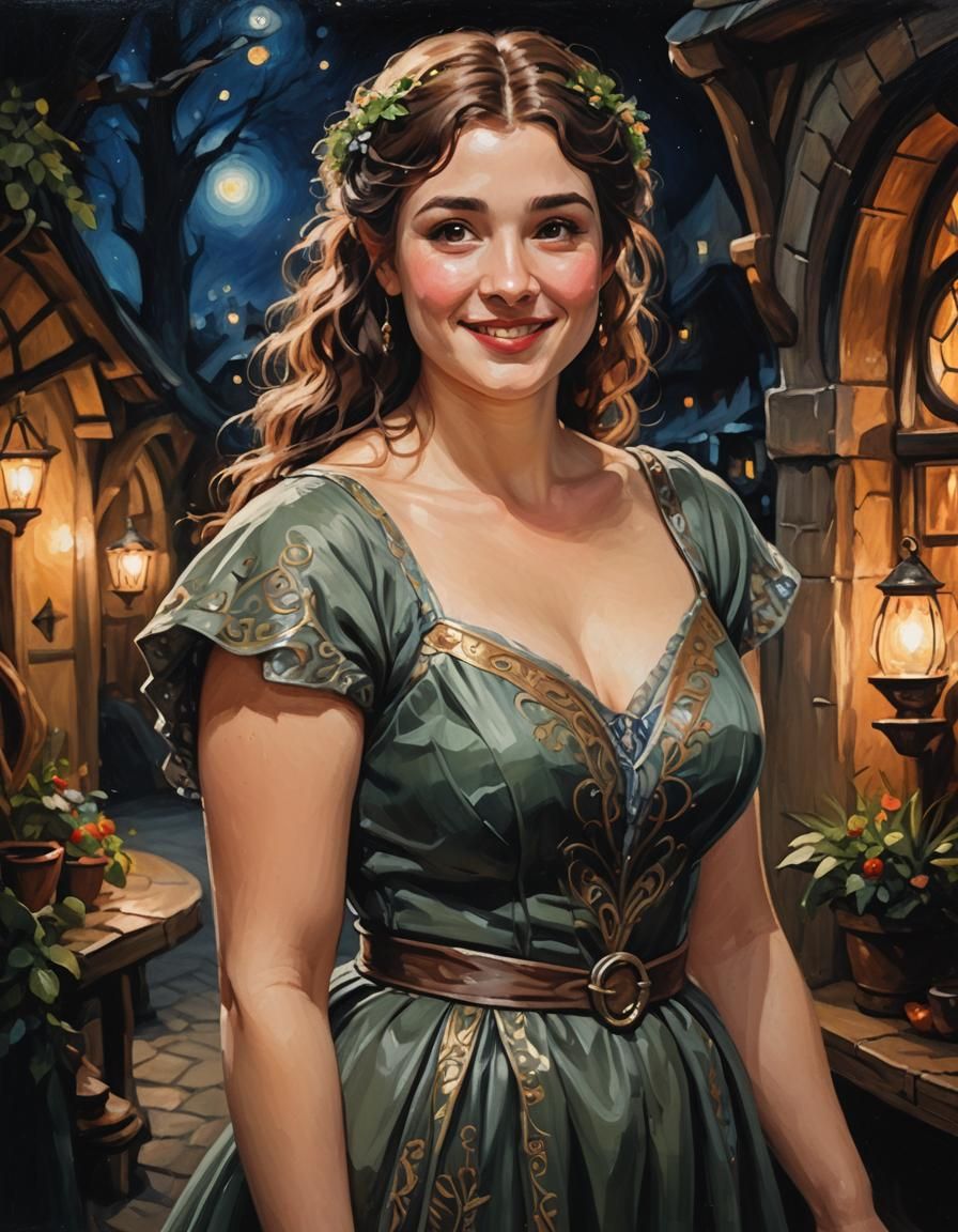 A Beautiful Curvy young Hobbit woman in a beautiful dress, shy smile, at a Hobbit party at night, half body portrait, oi...
