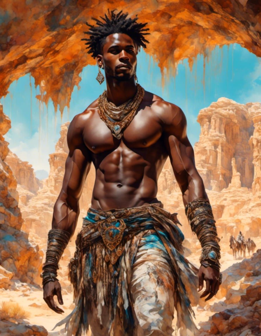 Handsome Man in Desert Landscape: Digital Gouache Painting