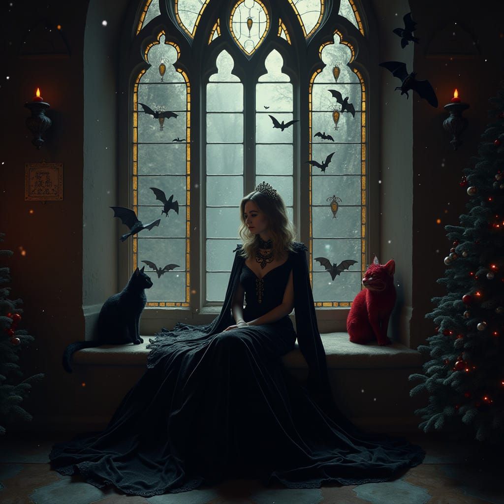 Regal Gothic Lady with Black Cats, Bats, and Antique Christm...