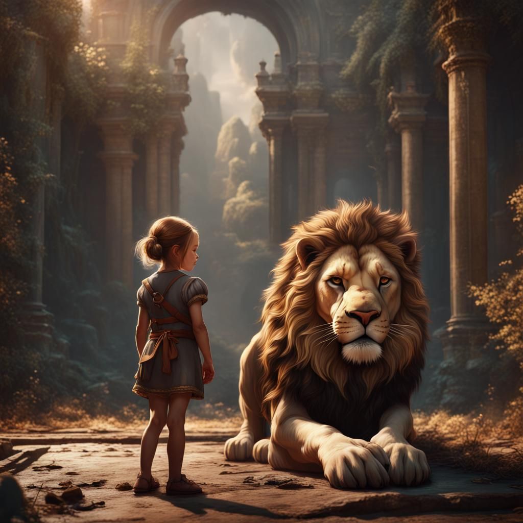 Little Girl and Lion in Detailed Fantasy Art