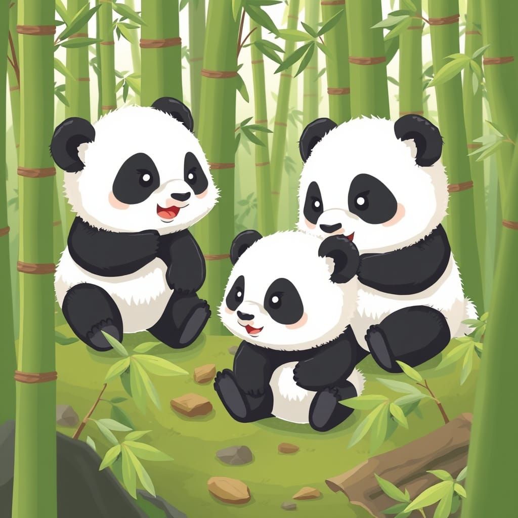 Chibi Baby Pandas in Vibrant Bamboo Forest