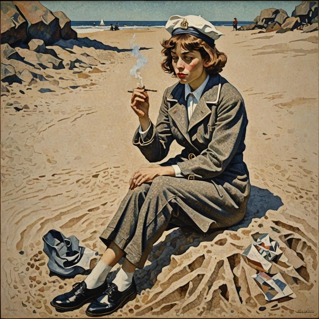 Sailor Smoking in Sand: A Pointillist Impression