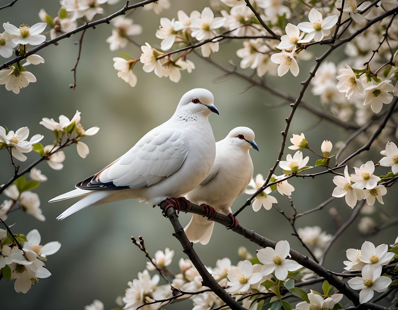 White Dove on Dogwood Branch: Photorealistic Close-Up