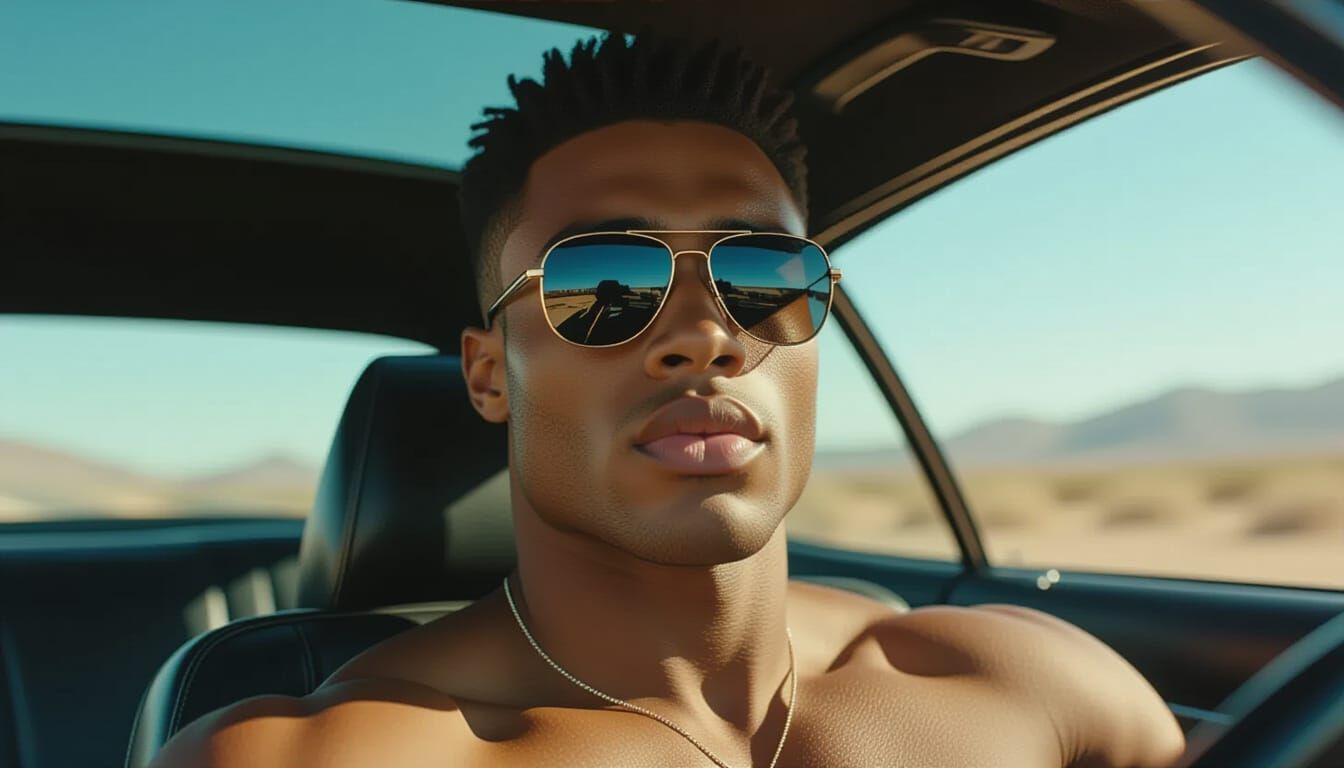 Muscular Man in Car: Hyperrealistic 35mm Photography