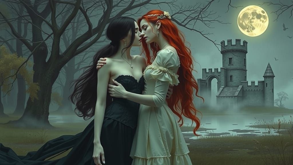 Ethereal Vampiress Encounter in Moonlight, Ink Wash Style